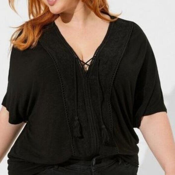 New Torrid Black Textured Jersey V-Neck Lace Up Banded Dolman Top Sz 12 0 - Picture 1 of 6